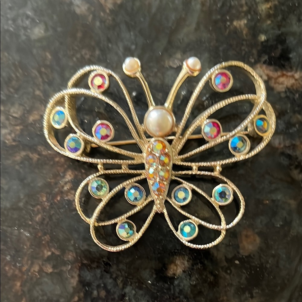 Emmons Butterfly Brooch Pin Gold Tone Signed Multicolor AB Rhinestone Vtg 2.5"